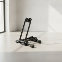 Upright Foldable Bike Stand Floor-Standing Foldable Two-Wheeler Stand Space-Saving Bike Rack with Folding Button Portable for Cyclists, Commuters, Garage, Indoor, Apartment