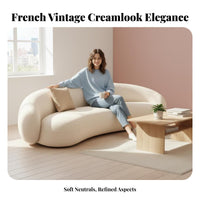 French Vintage Inspired curved-Shaped Minimalist Sofa Curved directlyline Lounge Couch Plush Seating Indoor Furnishing Deep Seat Comfort for Interior Designers, Apartment Dwellers, Living Room, spa establishment, Reception Area, Home Theater