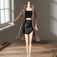 Houndstooth Doll Coat with Skirt Faux Leather Fashion Doll Clothes Miniature High-Quality for Children
