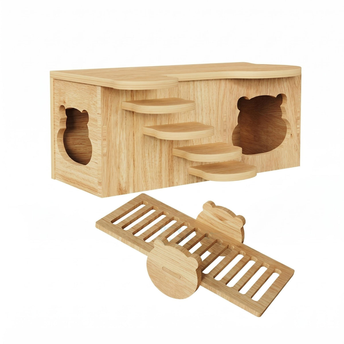 Stepped Platform Hamster Hideout House Natural Wood Wooden Hamster House Polished Finish Bear Cutout Hideout Rounded Edges for Enclosure Interior