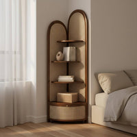 Rattan Corner Cabinet Texture Rattan Corner Shelf Unit Space-Saving Triangular Display Shelf for Bedroom, Living Room, Small Areas