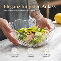 Salad Bowl with Lid, Set of 2 Thick-Walled Glass Bowls with Gold Rim, Japanese Serving Bowl for Families, Transparent Salad Bowl