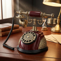 Mahogany Finish Message Recorder Phone Gold-Tone Hardware Vintage Rotary Telephone Metal Accents Decorative Filigree Telephone