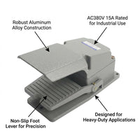 Heavy Duty Foot Pedal Switch, Aluminum Alloy Electric Reset, 380V 15A, Nonslip Industrial Foot Controller, Momentary Pedal Switch with 2M Cable