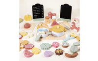 45 Pieces Wooden Cutting Food Toy Child-Centered Based Wooden Culinary Pretend Pieces Set Muted Tones Colors for Young Children