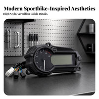 Aftermarket Motorcycle Speedometer Tachometer Analog Style Motorcycle Gauge Cluster Red Needle LCD Dashboard Gauge Black Housing