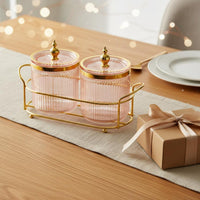 Moisture-Proof Pink Ribbed Storage Jar Airtight Seal Decorative Candy Jar Large Capacity Gold Trim Food Canister for Pantry, Kitchen Counter, Living Room
