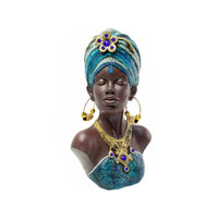 Blue Patterned African Woman Bust Sculpture Dark Brown Resin Decorative Bust Textured African Female Sculpture Gold-Tone