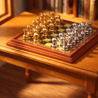 Dollhouse Chess Table with Pieces Metal Dollhouse Chessboard with Pieces Compact Furniture for Diorama