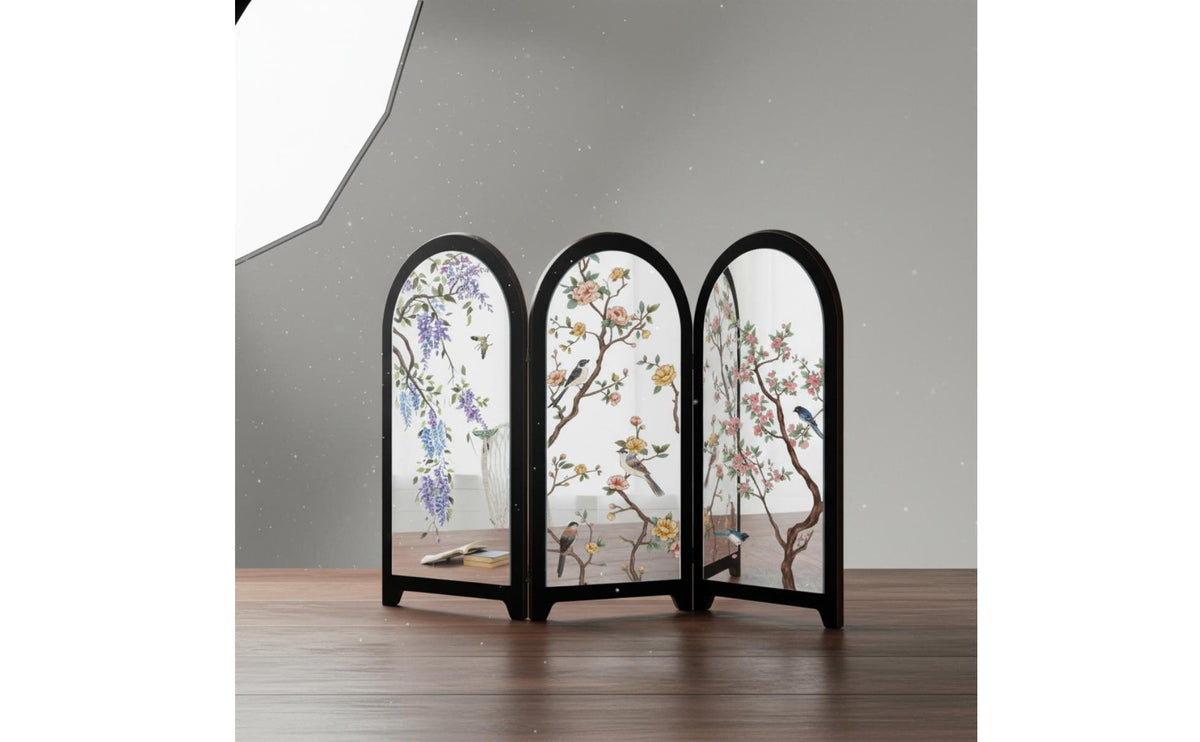 Mirror Surface Chinese Design Tabletop Screen Foldable Tabletop Folding Screen Oriental Aesthetic Bird Pattern Desk Decor Wooden Board for Office, Living Room