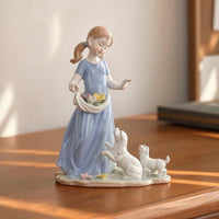 Ceramic Girl Figurine with Dogs Glazed Tabletop Ornament Decorative for Entryway