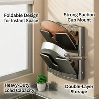 Pantry and Kitchen Bakeware Pot Lid Rack Holder Organizer, Foldable Carbon Steel Wall Mounted with Suction Cups