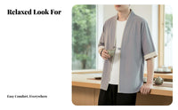 Loose Kimono Cardigan for Men, Chinese Style Summer Robe, Five-Quarter Sleeve, Pan Button, Relaxed Jacket