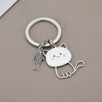 Cute Cartoon Cat Eating Fish Stainless Steel Keychain Pendant for Couples