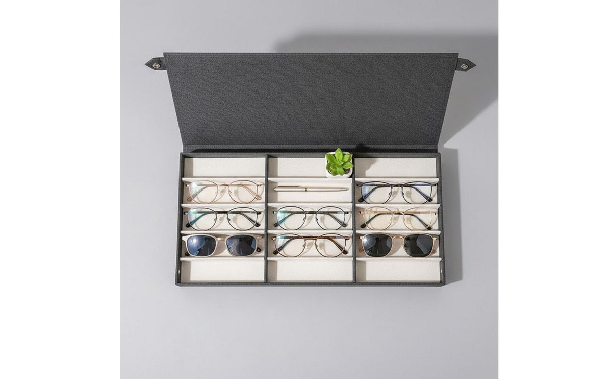 Soft Material Premium Lining 15 Slot Glasses Case Dust-Proof Foldable Sunglasses Display Tray Snap Button Closure Accessory Organizer for Closet