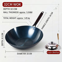 Stir Fry Cast Iron Wok Induction Hob Pan, Heavy Duty Wok with Lid and Spatula Set, Flat Bottom Fry Pan for Induction Hob, Wooden Handle Grip
