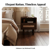 Retro Aesthetic Nightstand with Rattan Drawer Minimalist Design Rattan Front End Table Ample Storage Household Furniture Raised Legs for Homeowners, Renters, Students, Bedroom, Small Areas, Guest Room, Apartment