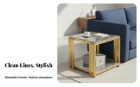 Light Luxury Design 2-Tier Square Side Table Double-Layer Storage 2-Tier Side Table Easy Assembly Gold Frame Nightstand Scratch-Resistant for Interior Designers, Apartment Dwellers, Gift Givers, Living Room, Bedroom, Office, Reception Area
