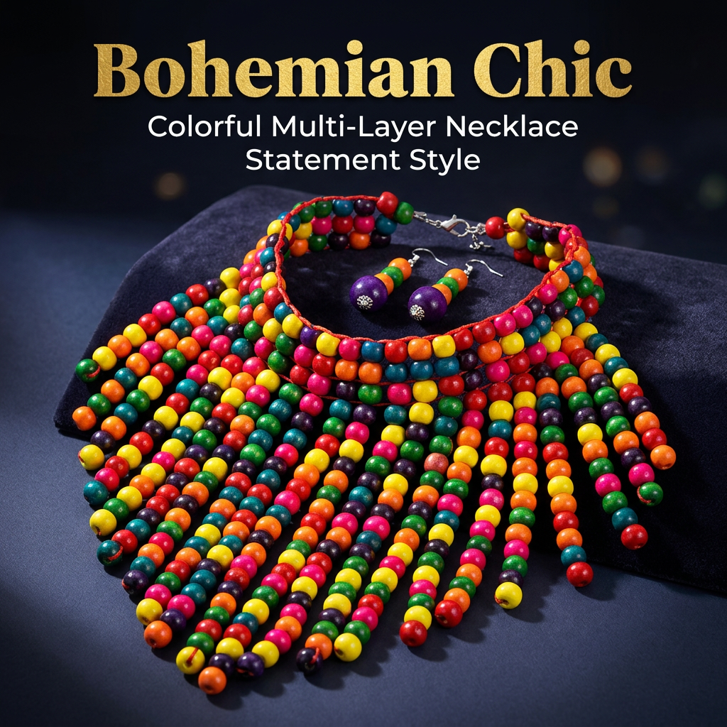 Statement Multi-Strand Wood Bead Necklace and Earrings Set for Women, Boho Layered Chunky Ethnic Jewellery Gifts, Commute