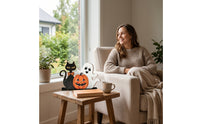 Freestanding Pumpkin Ghost Cat Sign Indoor Halloween Tabletop Decoration Holiday Wooden Halloween Centerpiece Autumn for Mantel