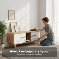 Modern Minimalist Design Wide Television Cabinet firm Wood Legs TV Cabinet with Sliding Doors Rounded Corners Living Room Furniture Space-Saving for Small Apartment Dwellers, Homeowners, Young Adults, Lounge Area, Bedroom, Office
