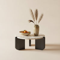 Round Coffee Table with Wood Base Low-Profile Travertine Coffee Table Minimalist Furniture for Living Room, Apartment, Balcony