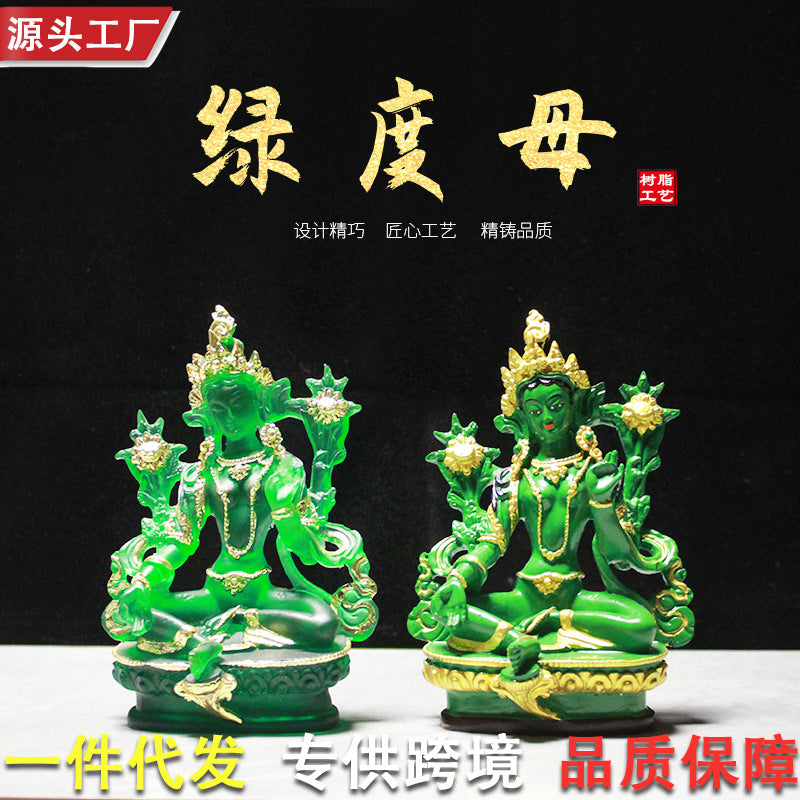 Hand-Painted Resin Green Tara Statue for Home Altar
