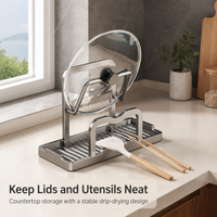 Modern Minimalist Dish Drainer Rack, Gunmetal Grey Aluminum Utensil Holder with Drip Tray, Freestanding Pot Lid Drying Rack for Small Flats