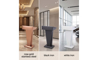 Slanted-Top Metal Lectern with Door Freestanding Presentation Podium with Cabinet Industrial Standing Podium with Shelf Tapered for Speakers, Receptionists, Lecture Halls, Hotel Lobbies, Sales Offices