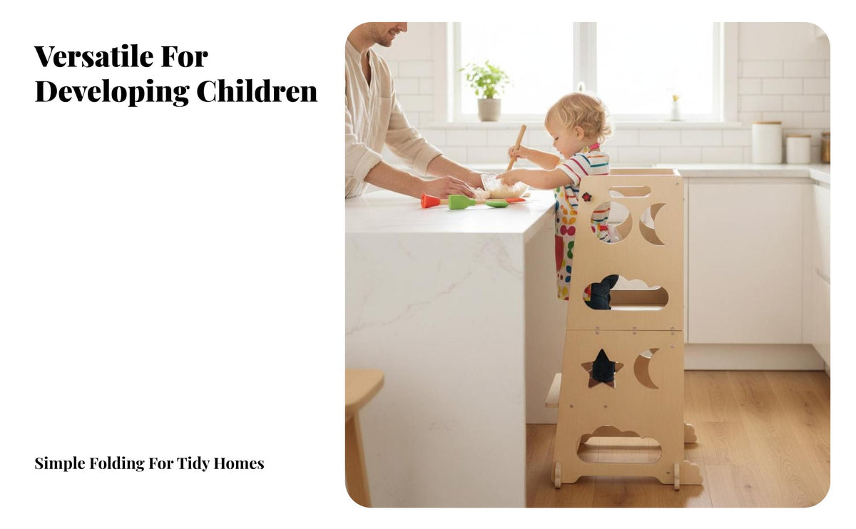 Foldable Kitchen Stool with Blackboard Multi-Functional Design Wooden Toddler Stool Blackboard Safety Rails Convertible Learning Platform Easy Conversion for Toddlers, Preschoolers, Parents, Playroom, Art Corner, Dining Room, Bathroom