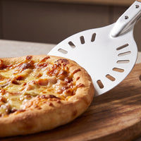Perforated Pizza Peel with Wooden Handle Anodized Pizza Tuner Transfer with Long Handle Lightweight for Home Cooks, Outdoor Cooking