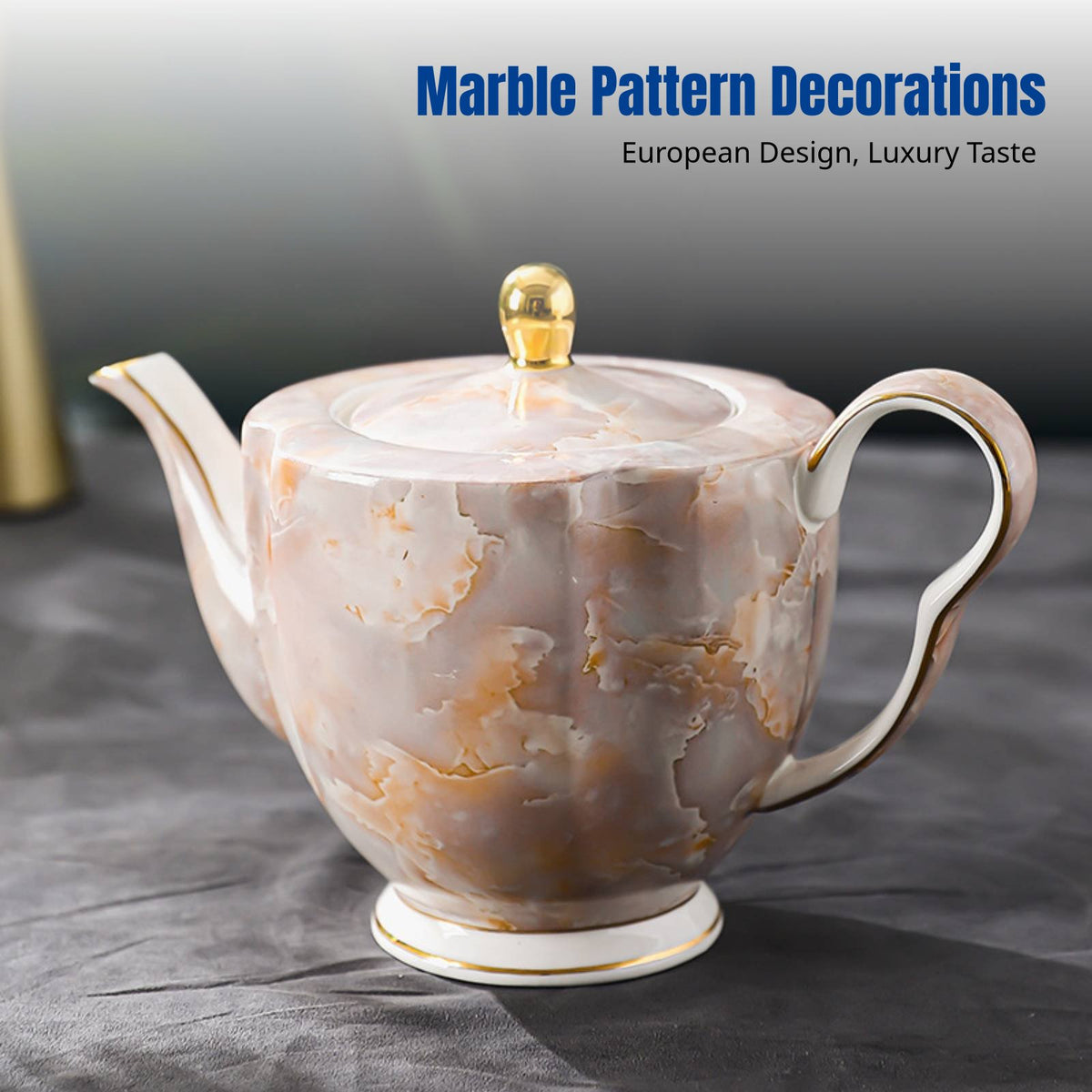 Ceramic Coffee Pot, Bone China, Marble Pattern Accents, English Style, Floral Avian Decor, Tea Set