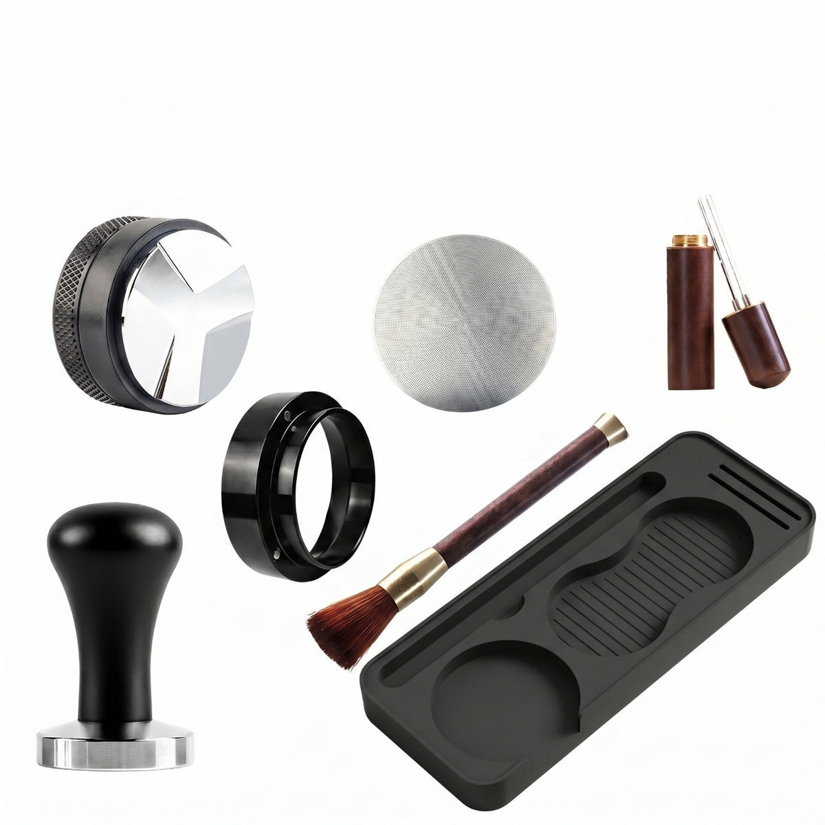 7 Pieces Matte Black Portafilter Set Storage Tray Espresso Tamper Set Molded Compartments Coffee Tool Kit Knurled