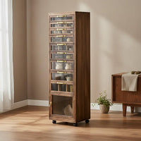 Wooden Tea Cabinet Solid Wood Organizer Cart Glass Panel Multi-drawer Rolling Cabinet Aesthetic Construction Suitable for Collectors Living Room Home Office