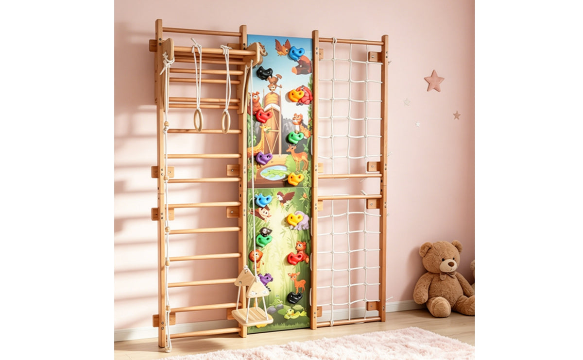 Rope Net Wooden Climbing Frame Swing Seat Indoor Climbing Frame Wildlife Print Horizontal-Rung Ladder Polished Finish for Children, Indoors, Home
