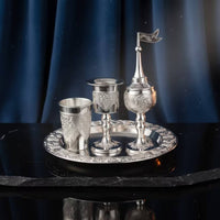 4 Pieces Beverage Service with Tray Metal Beverage Pot with Cups Vintage