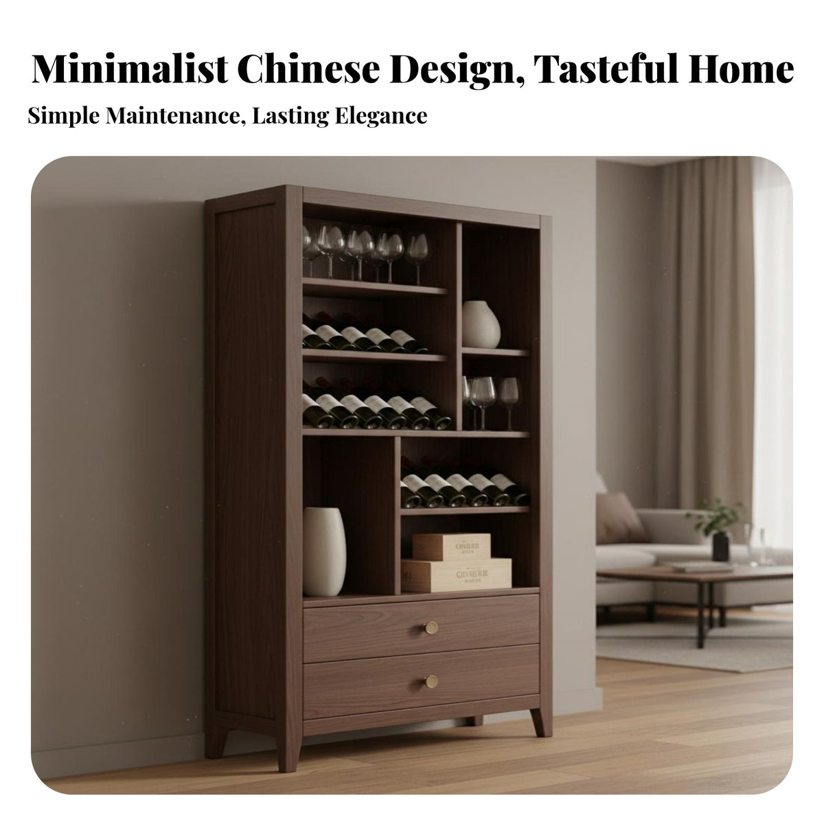Large Capacity Chinese Design Wine Cabinet Strong Load-Bearing Living Room Curio Shelf Sturdy Construction Freestanding Wooden Display Shelf Adjustable Feet for Restaurant Owners, Interior Decorators, Party Hosts