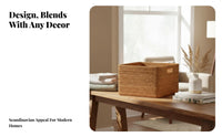 Multi-Purpose Nesting Woven Box Set Natural Look Lidded Rectangular Container Decorative Accent Organizer Basket Stackable Design for Decor aficionados, Office Workers, Desktop, Bedroom, Living Room, Shelves