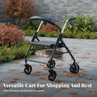 Built-in Storage Mobility Aid with Seat and Basket Safety Braking System Rollator Mobility Aid Lightweight Elderly Shopping Cart Sturdy Frame for Seniors, Rehabilitation Patients, Walking, Daily Use, Indoors, Outdoors