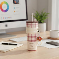 Portable Wrist Strap Large Capacity Insulated Cup Plaid Pattern Tumbler Drinkware for Office, School