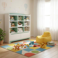 Solid Wood Wooden Kids Bookcase Colorful Design Kids Floor Bookshelf Large Capacity Wooden Toy and Book Storage Unit Multifunctional for Students, Toddlers, Playroom, Classroom, Bedroom