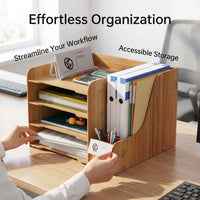 Desk Storage Organizer for Office Supplies, Multi-Tier Wooden File Rack for A4 Documents, Desktop Organiser Letter Tray for Students
