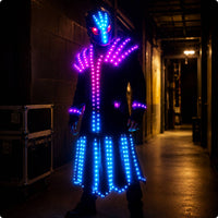 Rechargeable LED Performance Costume with Skull Helmet Futuristic LED Costume Illuminated Light-up Outfit for Performers, Cosplayers