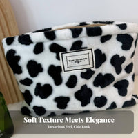 Large Capacity Fluffy Cow Print Makeup Bag Portable Cow Pattern Cosmetic Pouch Cute Design for Women, Girls, Business Trip, Bathroom
