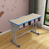 Double Student Desk and Chair Set Heavy-Duty Steel Frame Adjustable Height School Desk Construction Two Person Study Table Set for Teens, Home
