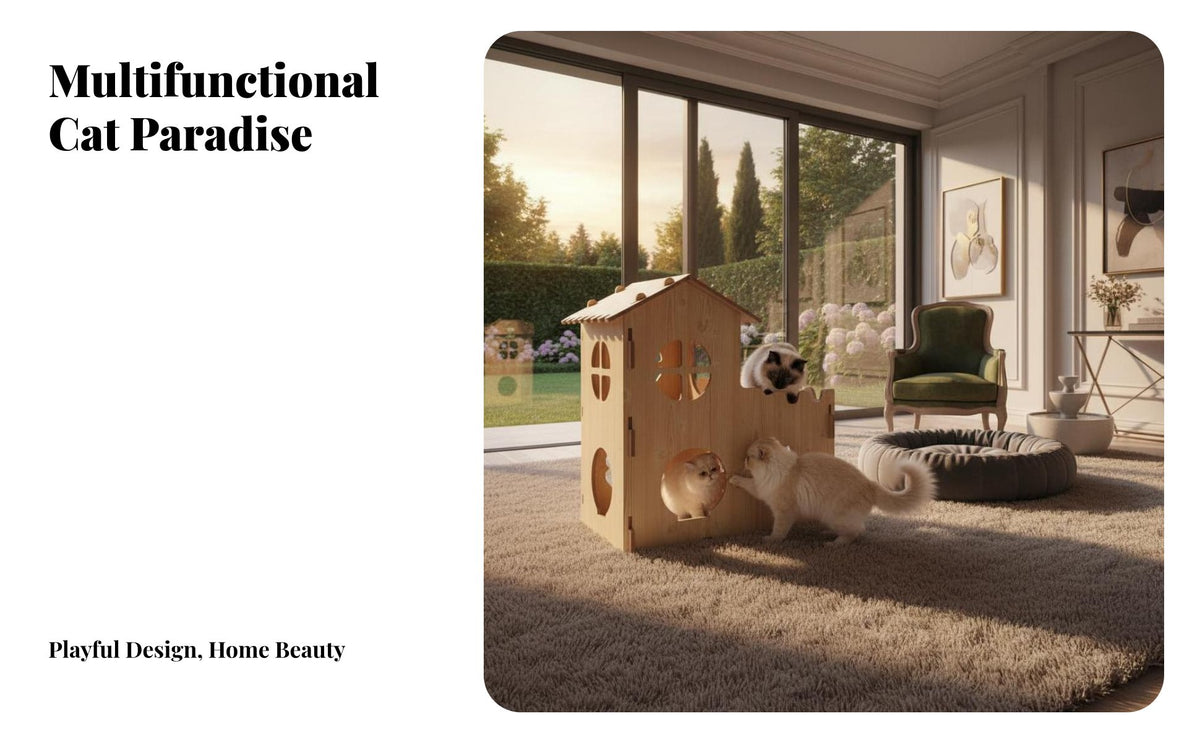 Wood Grain Finish Wooden Cat House Sturdy Construction Cat Castle Playhouse Spacious Pet Niture Easy to Clean for Cats, Kittens, Play Area, Indoors, Living Room, Bedroom