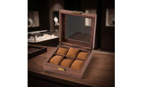 Display-Style Watch Storage Box with Transparent Lid Wood-Grain 6-Slot Watch Organizer Compact Soft for Dresser