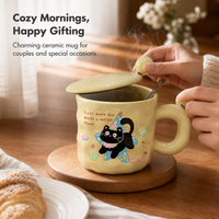 Cute Cat Ceramic Mug with Lid and Spoon, 400ml Coffee Tea Cup, Novelty Gift for Friends and Office