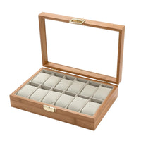 Wood-Grain Watch Box with Glass Lid Wooden Watch Box with Window Multi-Slot Storage Holder Dust-Resistant for Collectors, Dresser, Vanity