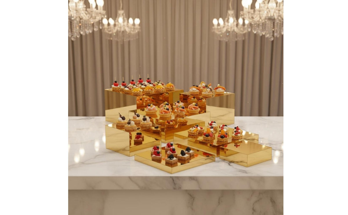 7 Pieces Gold Display Riser Set Nestable Design Acrylic Cube Display Stand Nesting Riser Set Multifunctional Reusable for Party